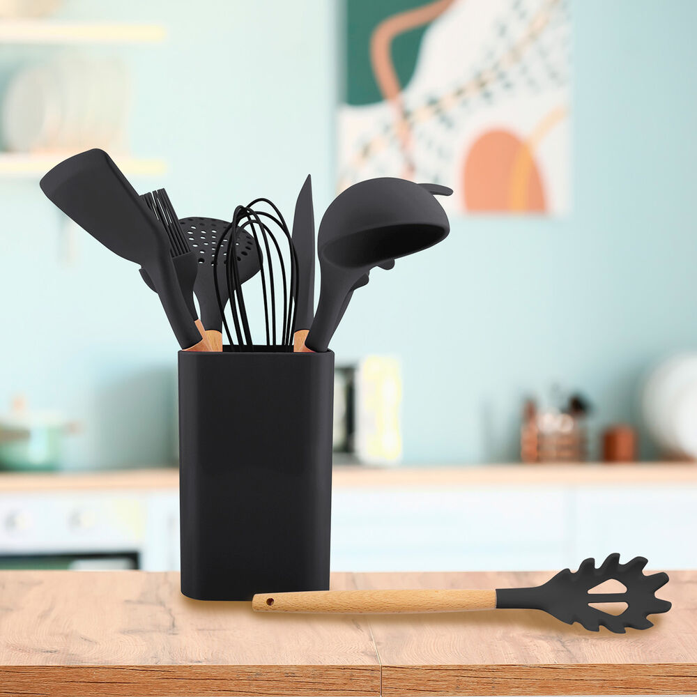 Set De Utensilios De Cocina Silicona Madera Negro image number 5.0