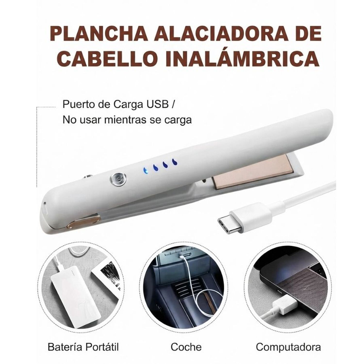 Plancha Alisadora Rizadora Inal&aacute;mbrica Mini Recargable Usb Cer&aacute;mica 2 En 1 image number 2.0