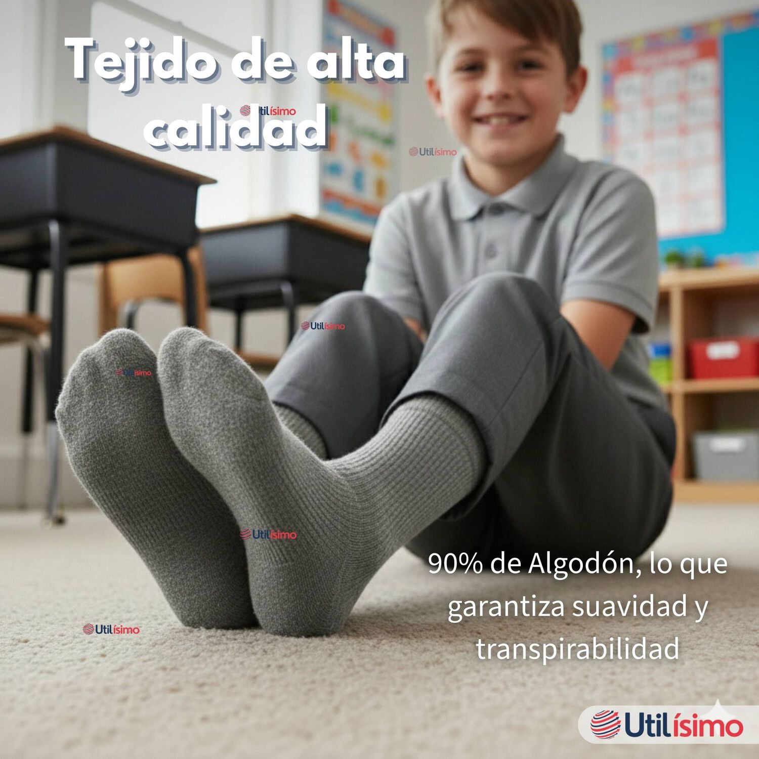 Pack 6 Calcet&iacute;nes Escolares Corto Algod&oacute;n Gris Ni&ntilde;o Juvenil image number 7.0