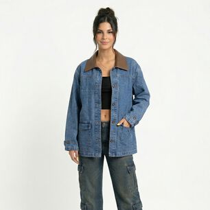 Chaqueta Denim Oversize Con Cuello Ecocuero