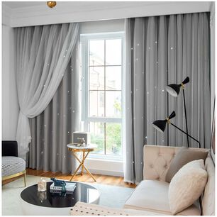 Cortinas Blackout Con Agujero Estrella Y Visillo Integrado - Gris