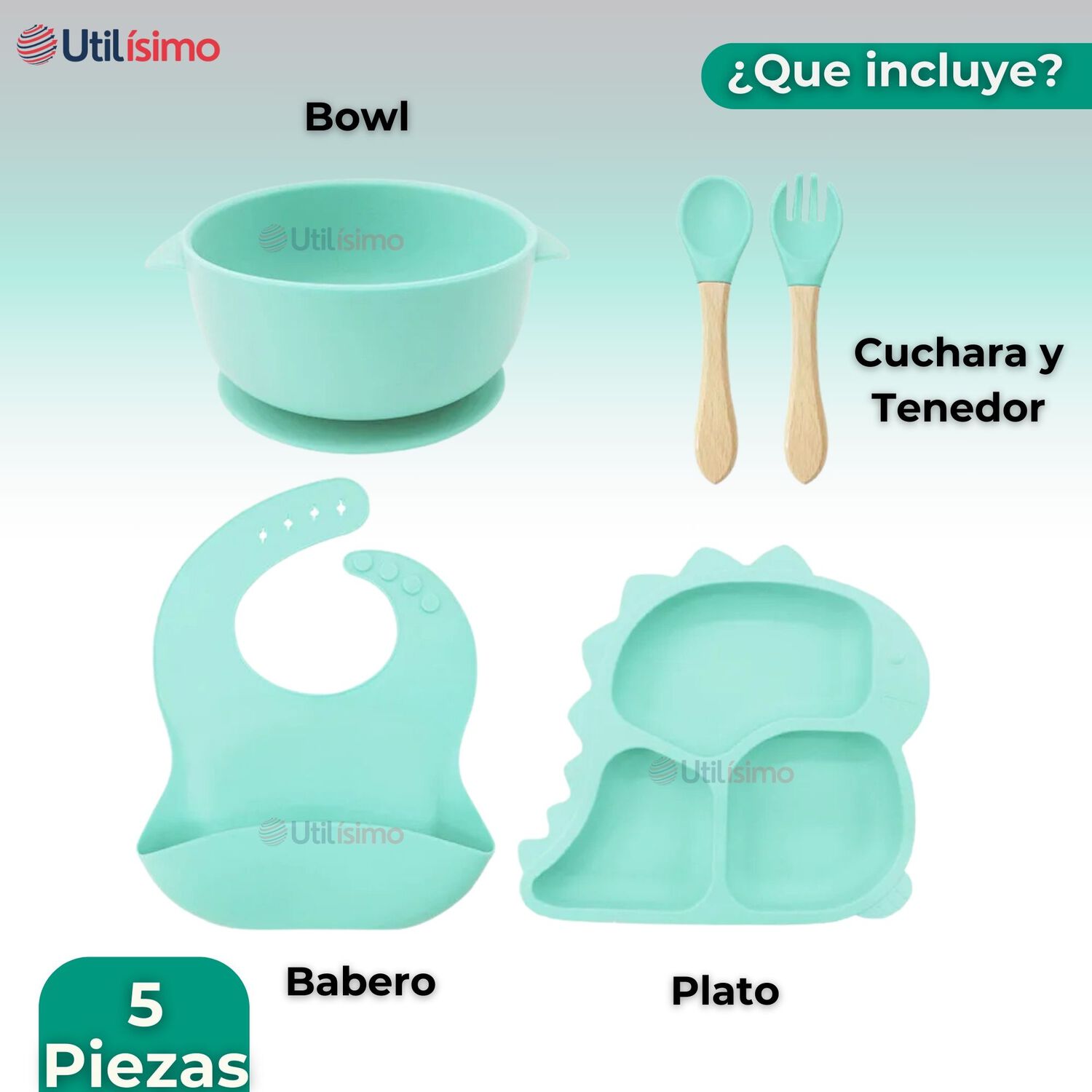 Set Alimentaci&oacute;n Silicona Beb&eacute; 5 Piezas Dinosaurio Libre Bpa Color Turquesa image number 4.0