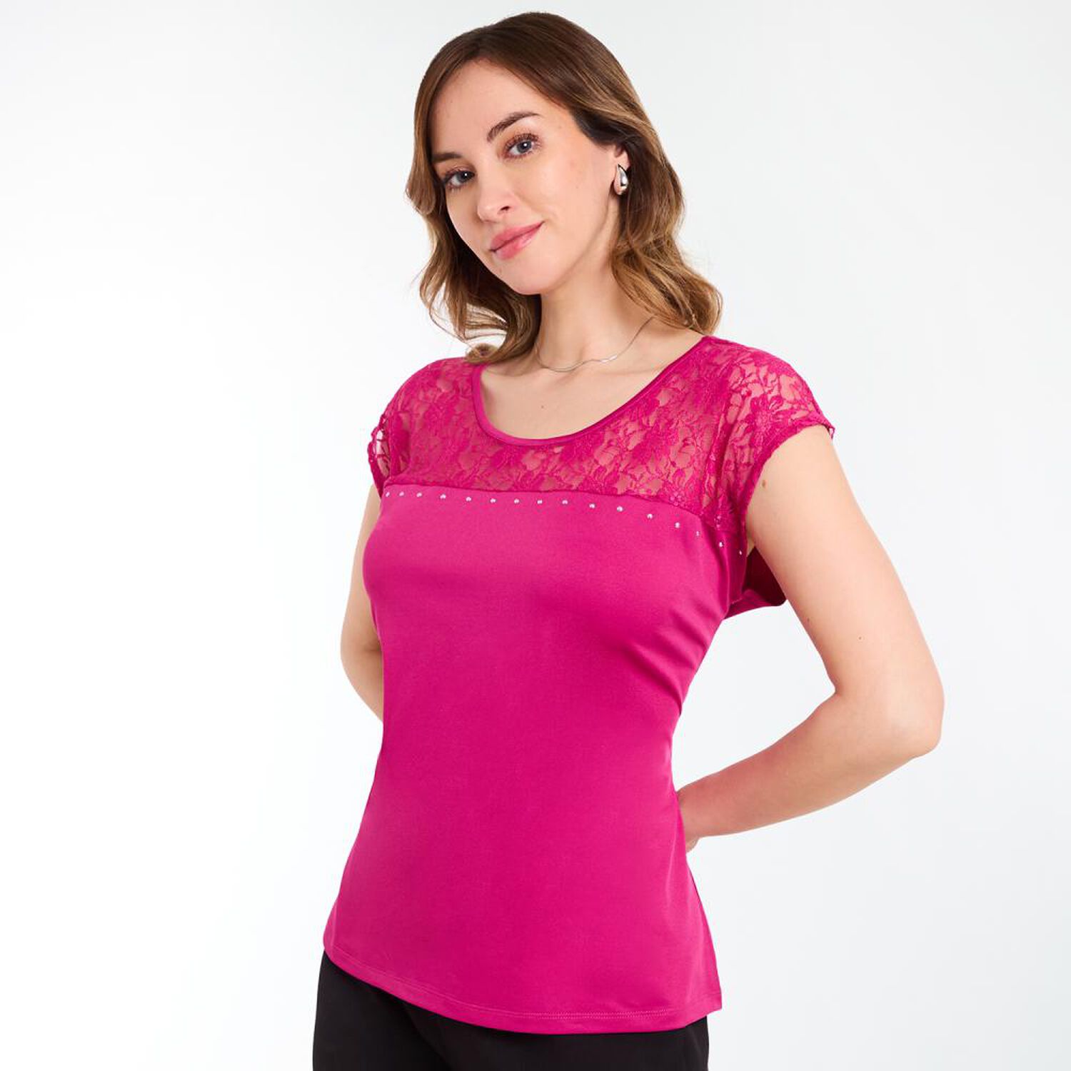 Polera Lisa Aplicaci&oacute;n Lace En Hombros Manga Corta Cuello Redondo Mujer Lesage image number 2.0