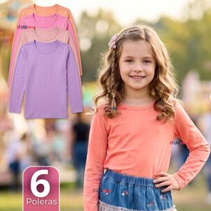 Pack 6 Camisetas Poleras Bamb&uacute; Cuello Redondo Primera Capa Manga Larga Colores Surtido Ni&ntilde;a
