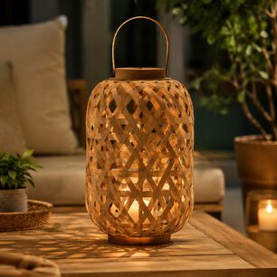 Farol Decorativo Cil&iacute;ndrico De Bamb&uacute; Con Asa Y Porta Velas 24cm Natural