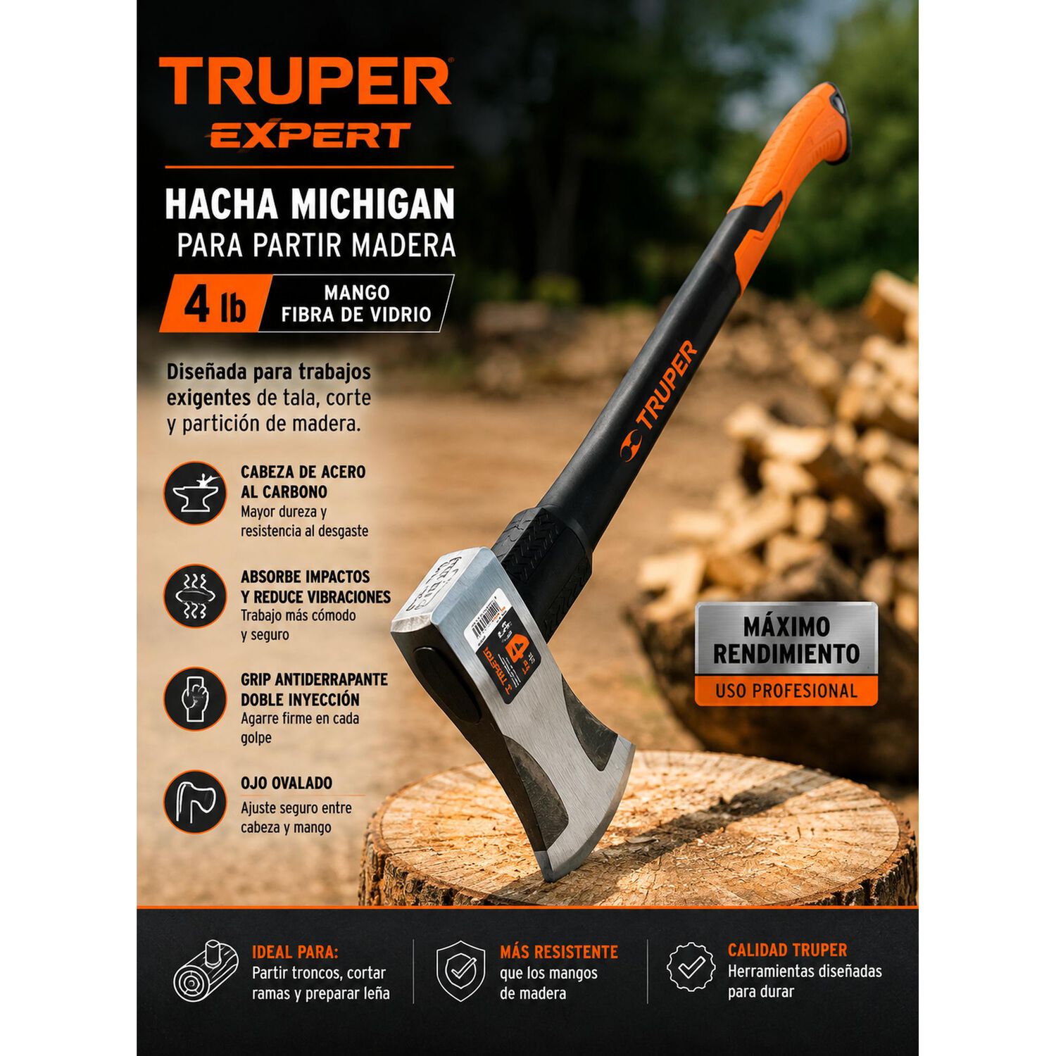 Hacha Michigan Para Partir Madera Mango Fibra 4lb Truper Ex image number 3.0