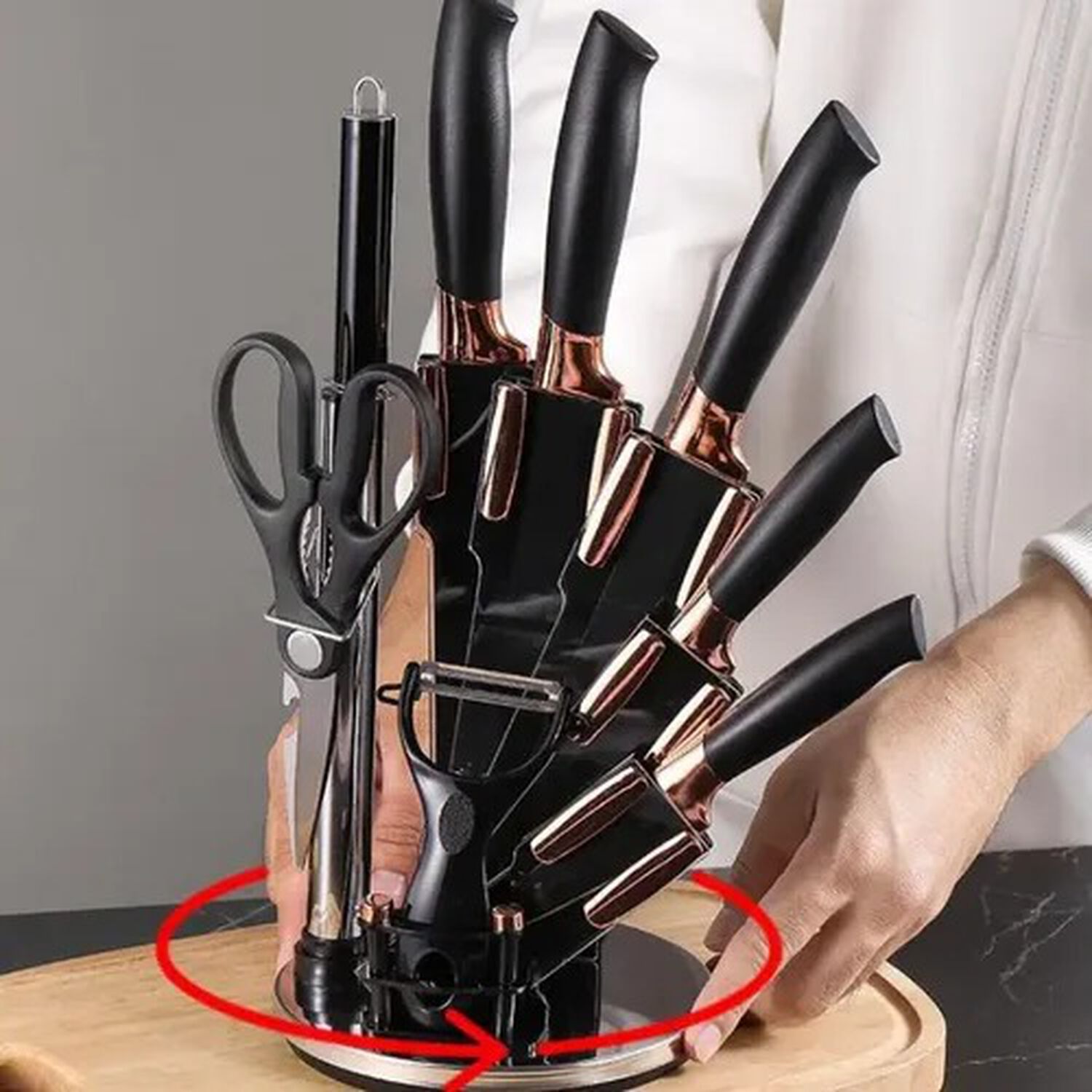 Set Cuchillos De Cocina 9 Piezas Con Base Giratoria Liso Negro image number 2.0