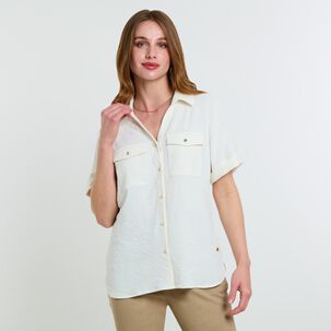 Blusa Lisa Abotonada Manga Corta Cuello Camisero Mujer Lesage