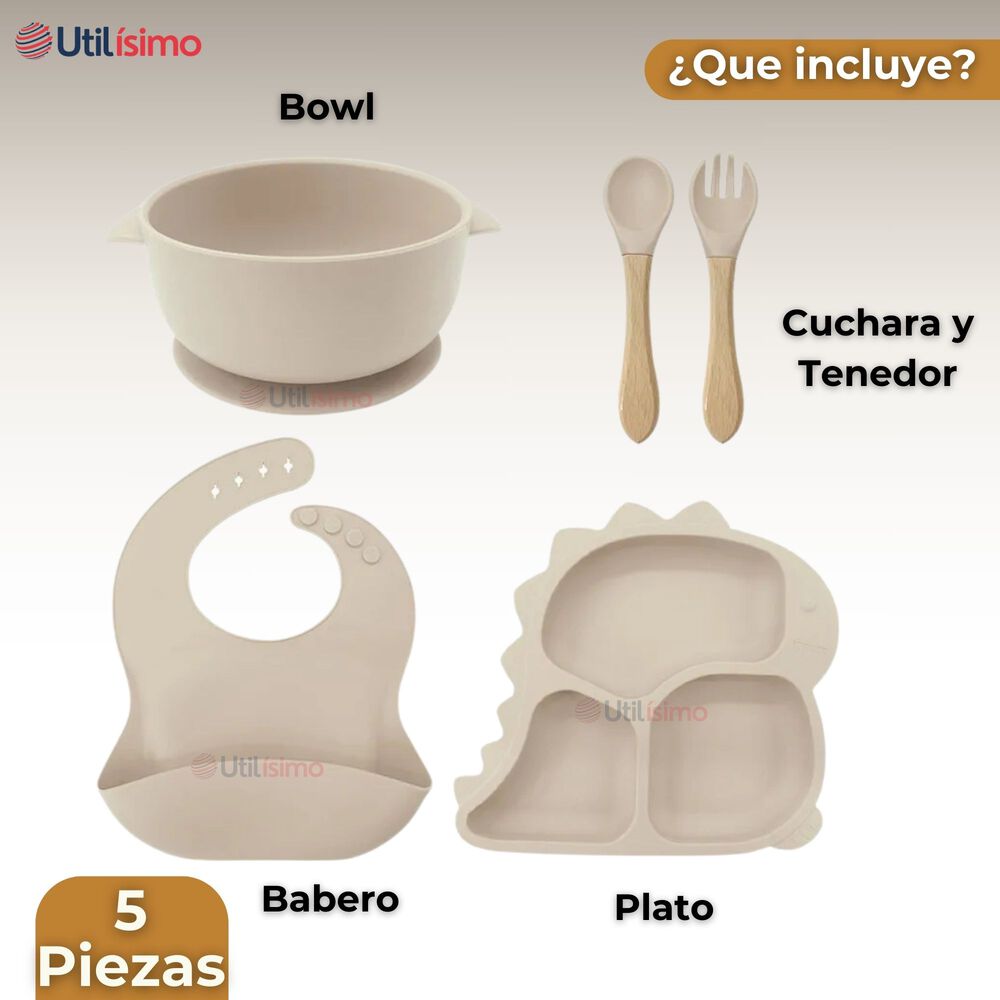 Set De Alimentación Bebé Silicona 5 Piezas Dinosaurio Libre Bpa Color Beige image number 4.0