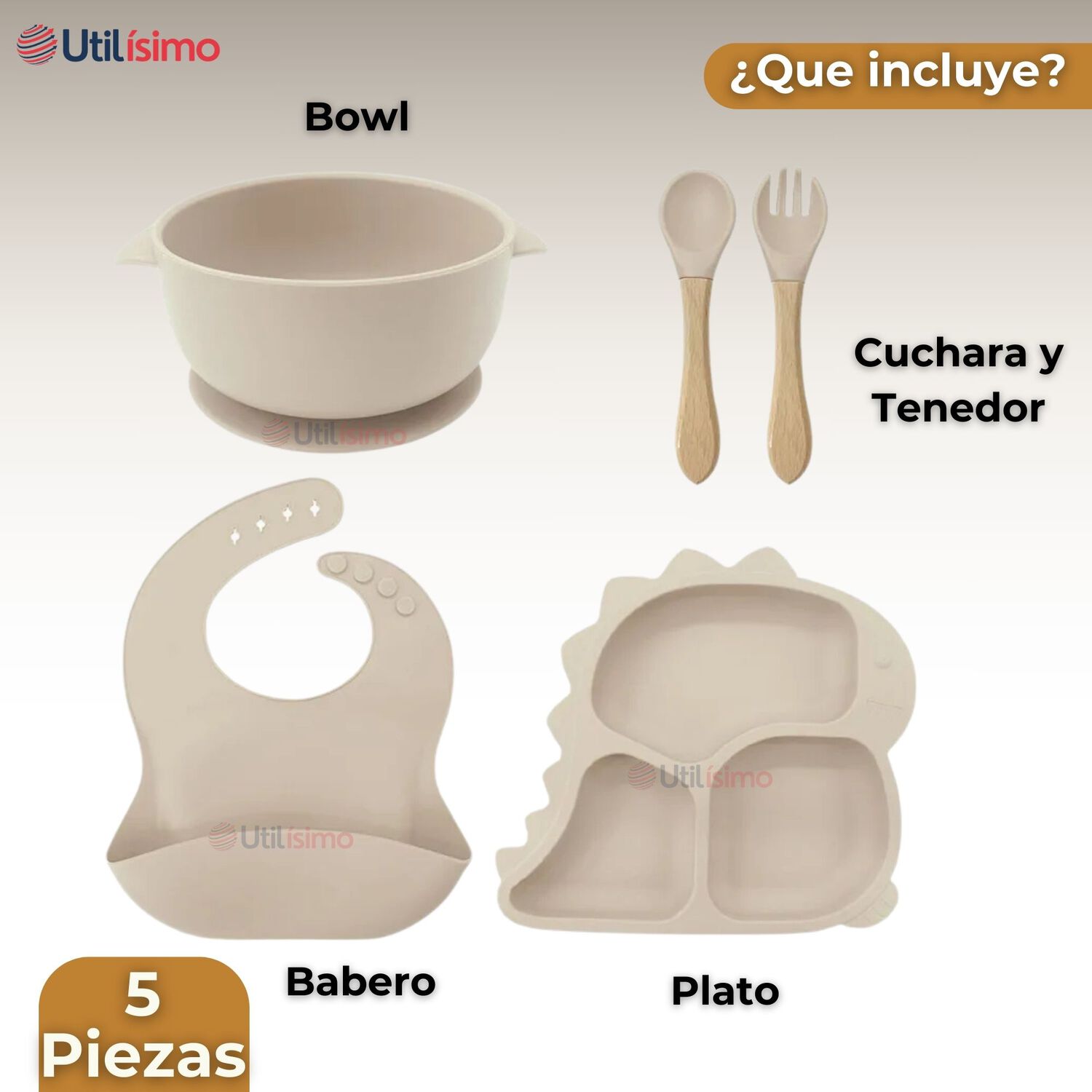 Set De Alimentaci&oacute;n Beb&eacute; Silicona 5 Piezas Dinosaurio Libre Bpa Color Beige image number 4.0