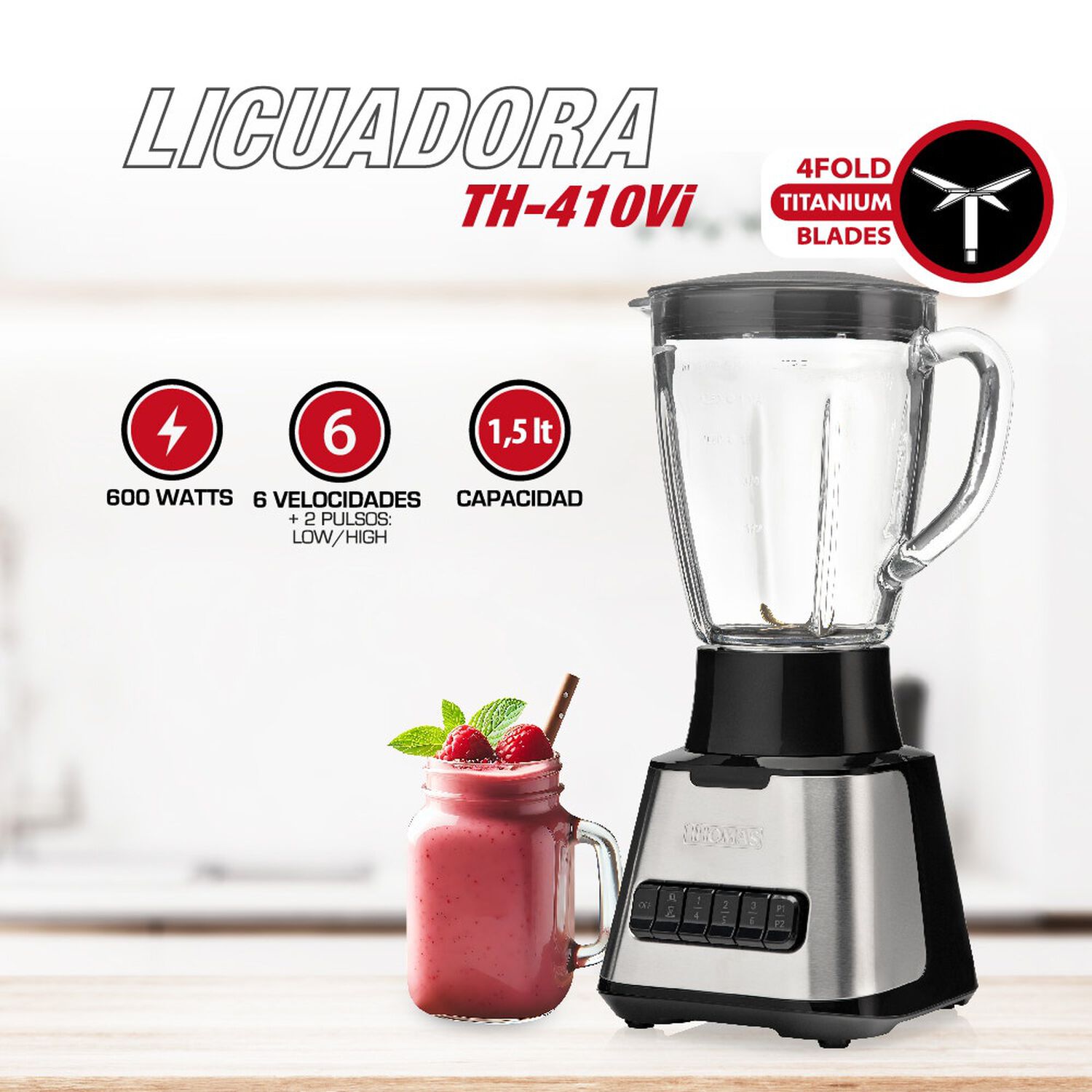 Licuadora Thomas Th410vi 1,5 Litros 600w Juguera Jarro De Vidrio 6 Velocidades M&aacute;s 2 Pulsos Cuchillas 4 Fold Titanium Blades Acople Met&aacute;lico Base Acer image number 1.0