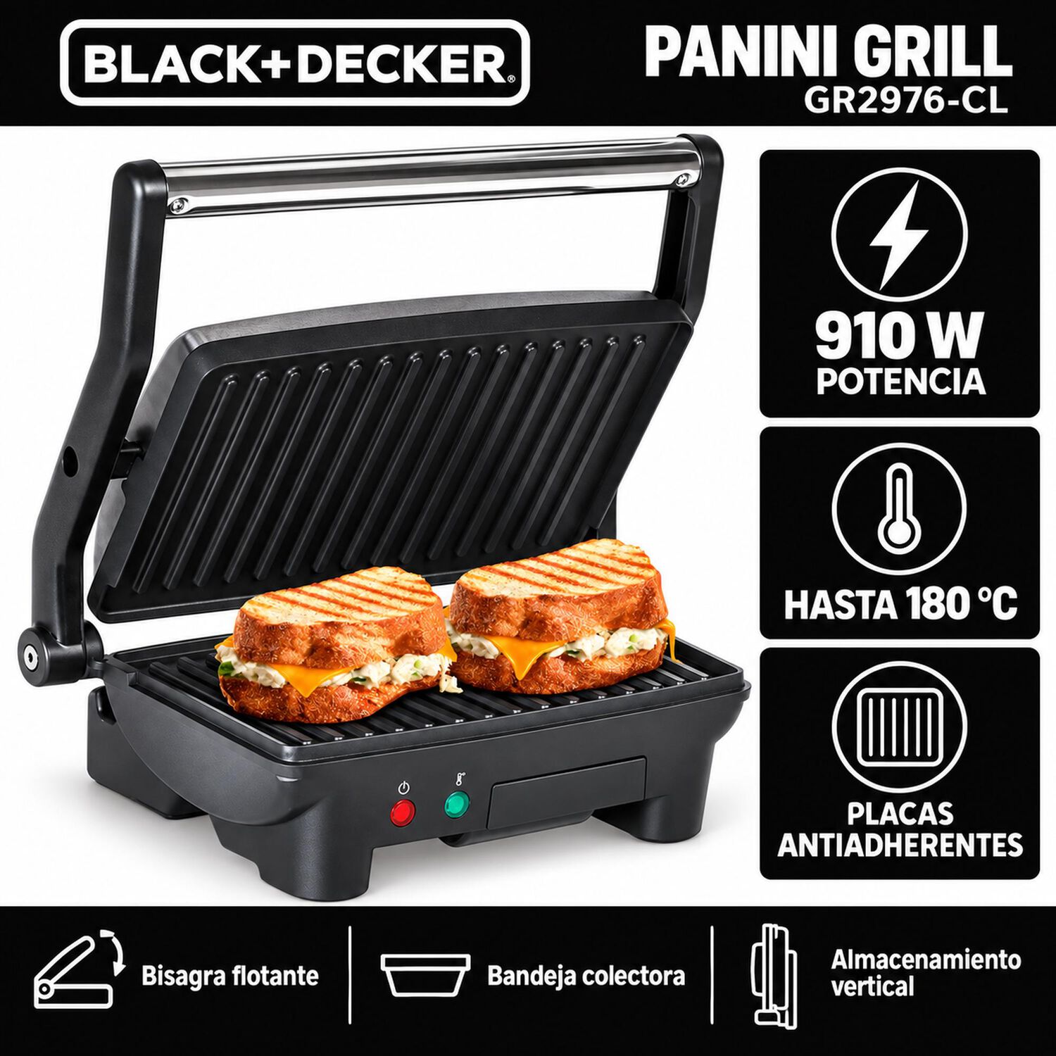 Panini Black + Decker 900w Placas Antiadherentes Gr2976-cl image number 7.0