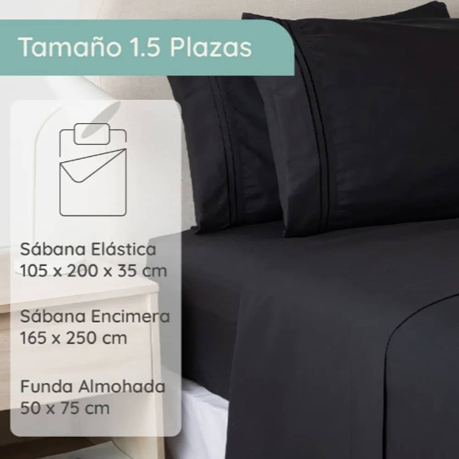 Sabana 1800 2 Plazas Ultra Suave + Funda Bordada. Negra image number 2.0