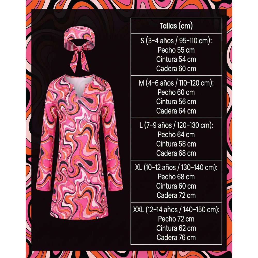 Disfraz Hippie Ni&ntilde;a A&ntilde;os Sesenta Con Vestido Psicod&eacute;lico Para Carnaval, Halloween, Fiesta Tem&aacute;tica Y Teatro image number 9.0