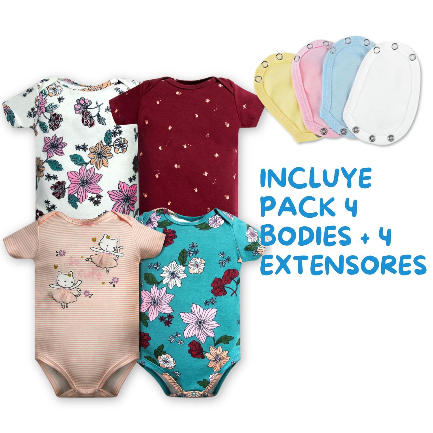 Pack 4 Unidades Extensor Body Beb&eacute; +pack 4 Bodys Algod&oacute;n Ni&ntilde;a Manga Corta Bailarina image number 1.0
