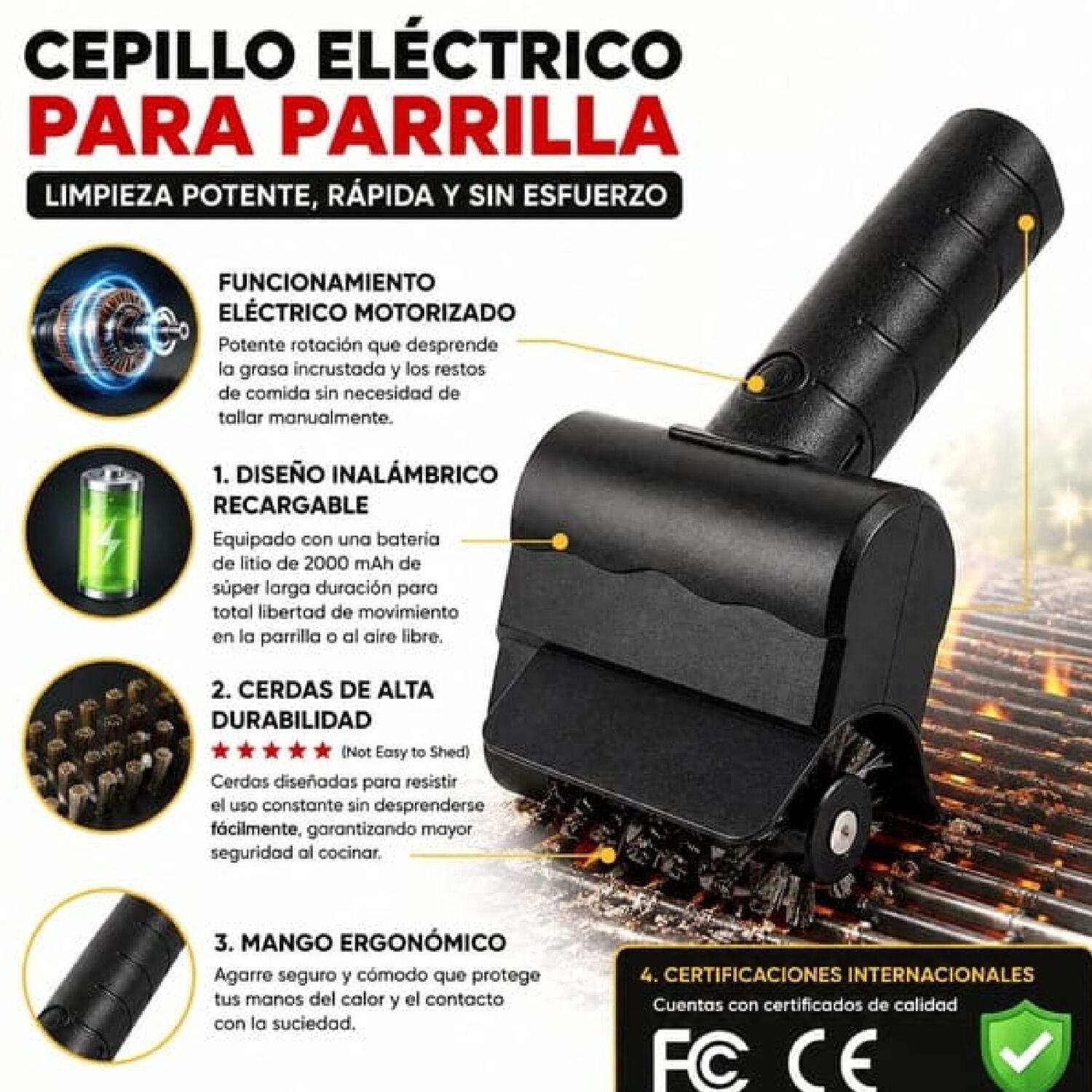 Cepillo El&eacute;ctrico Limpiador De Parrillas Inal&aacute;mbrico. image number 3.0