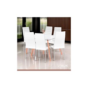 Comedor Mesa De Vidrio Rectangular 140x90cm + 6 Sillas Dining Liana Acolchadas - Blancas