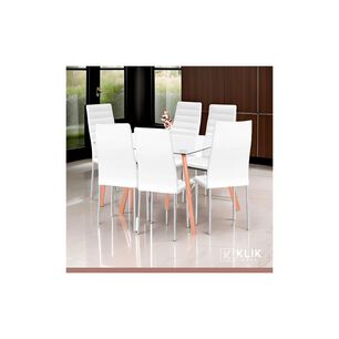 Comedor Mesa De Vidrio Rectangular 140x90cm + 6 Sillas Dining Liana Acolchadas - Blancas