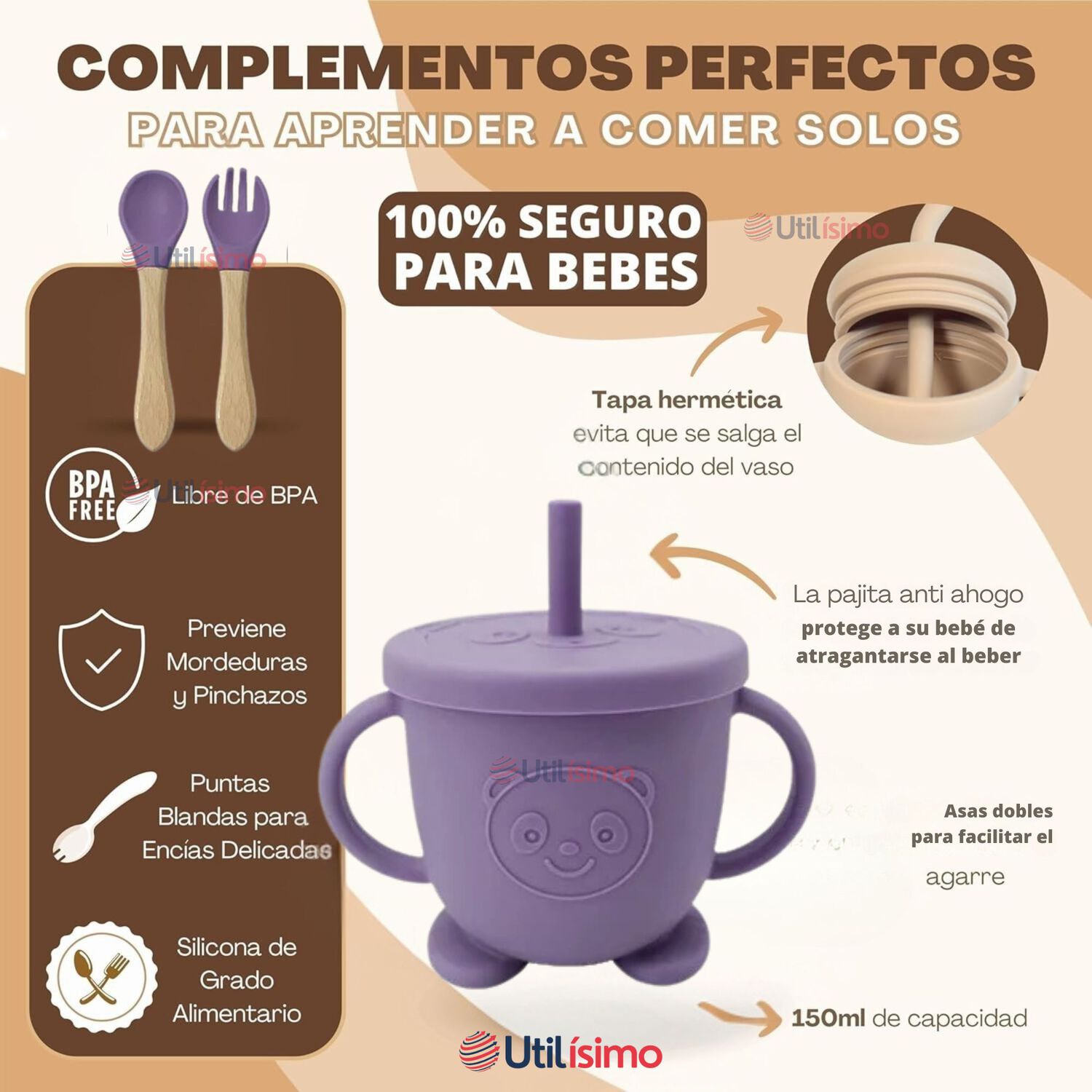 Set De Alimentaci&oacute;n Beb&eacute; Silicona De Oso 6 Piezas Libre Bpa Color Lila image number 9.0