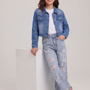 Chaqueta Jeans Con Brillo Ni&ntilde;a Mezclilla Strass Corta