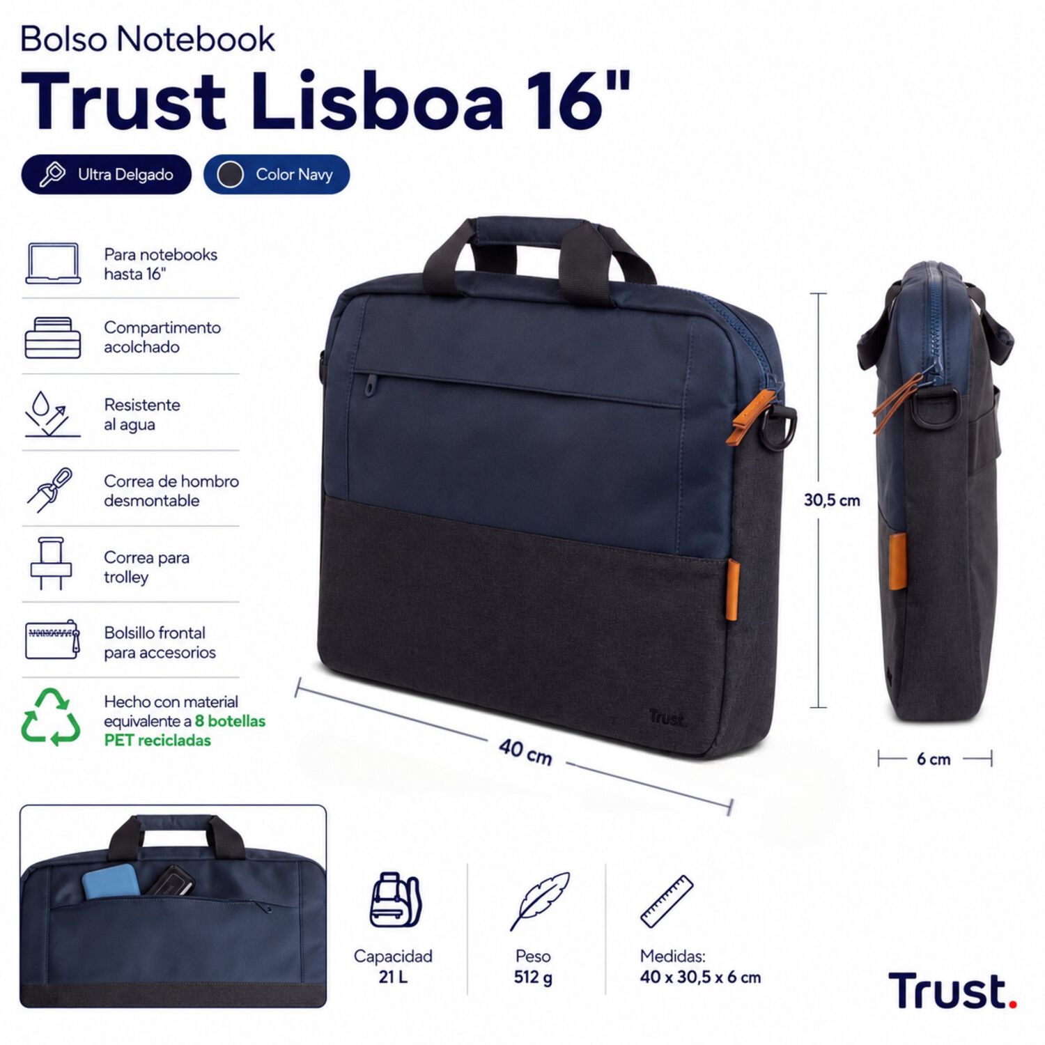 Bolso Notebook Trust Lisboa 16"ultra Delgado Navy Premium image number 6.0