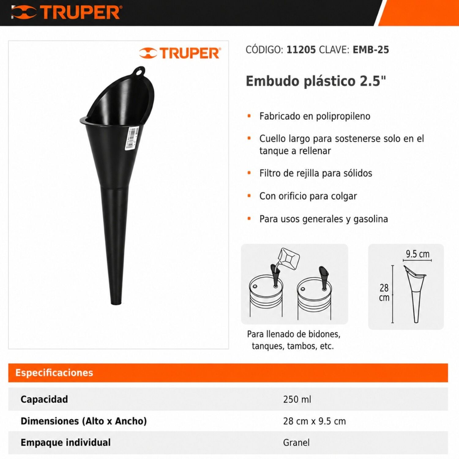 Embudo Pl&aacute;stico Flexible Truper Emb-25 image number 2.0