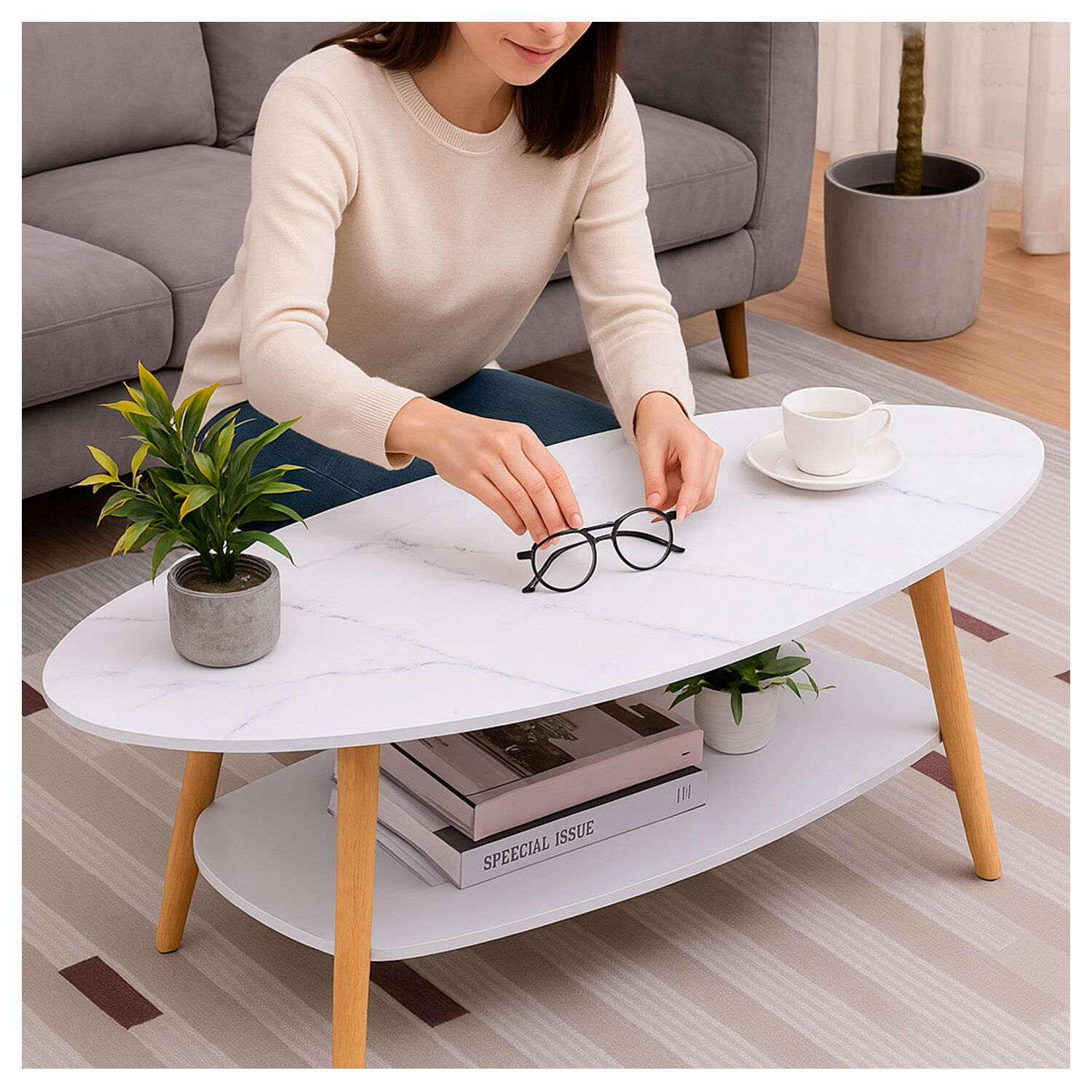 Mesa De Centro Elegante Para Sala Dise&ntilde;o N&oacute;rdico Con Efecto M&aacute;rmol image number 4.0