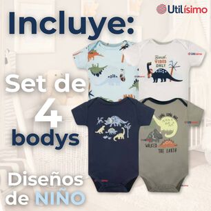 Pack 4 Bodys Ni&ntilde;o Manga Corta Tedmimak 100% Algod&oacute;n Dino Aventura