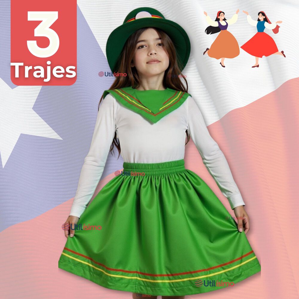 Pack 3 Traje Nortino Con Polera Fiestas Patrias Baile Nortino Verde image number 0.0