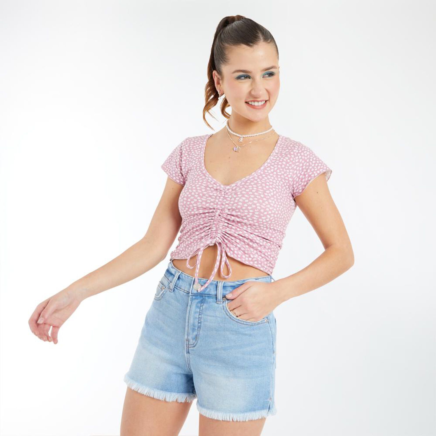 Polera Crop Frunce Manga Corta Cuello Redondo Mujer Freedom image number 2.0