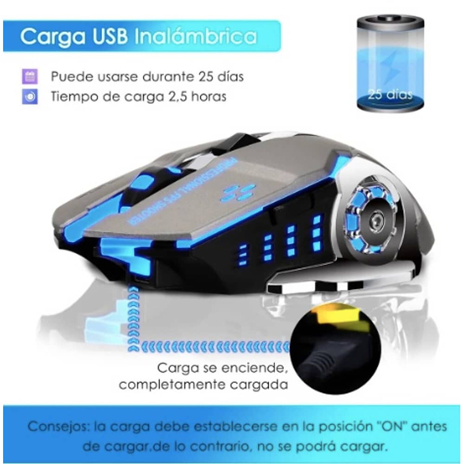Mouse Gamer Inal&aacute;mbrico Silencioso Y Recargable Con Luz Led image number 1.0