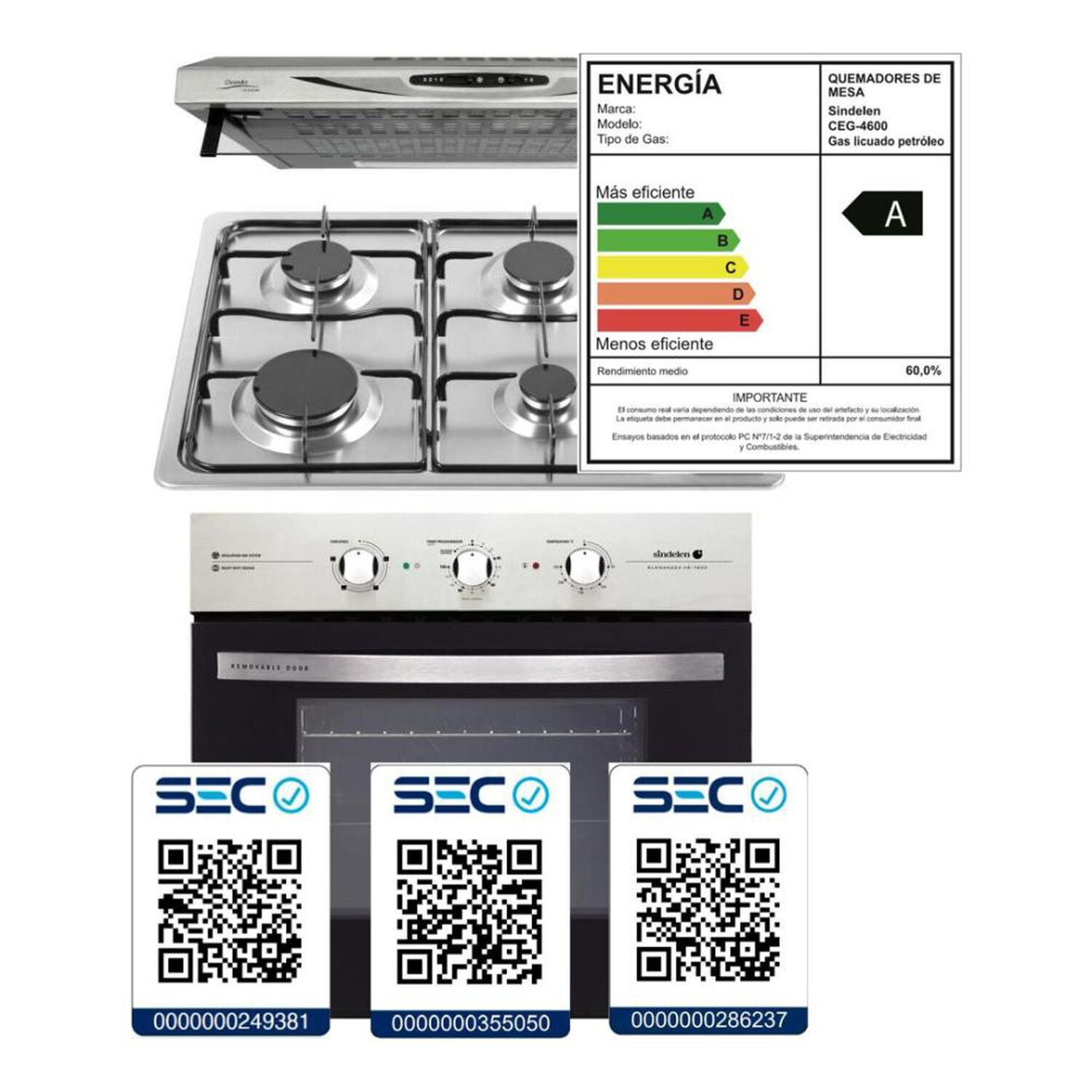 Kit De Cocina Sindelen Campana CA-610EIN + Encimera CEG-4600IN + Horno HE-7200IN 4 Quemadores image number 6.0