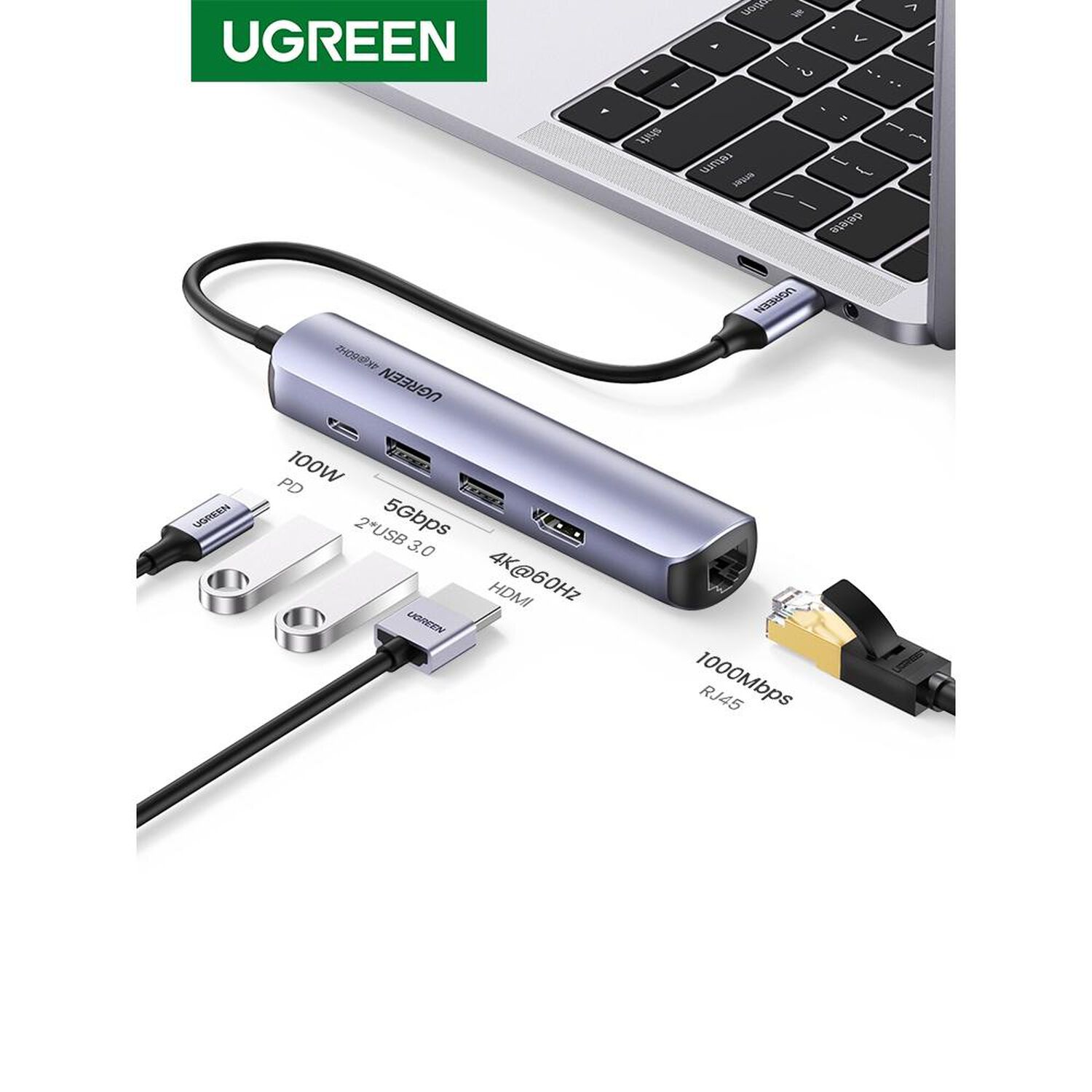 Multipuerto Usb-c Hdmi+usb+rj45 Pd Ugreen image number 0.0