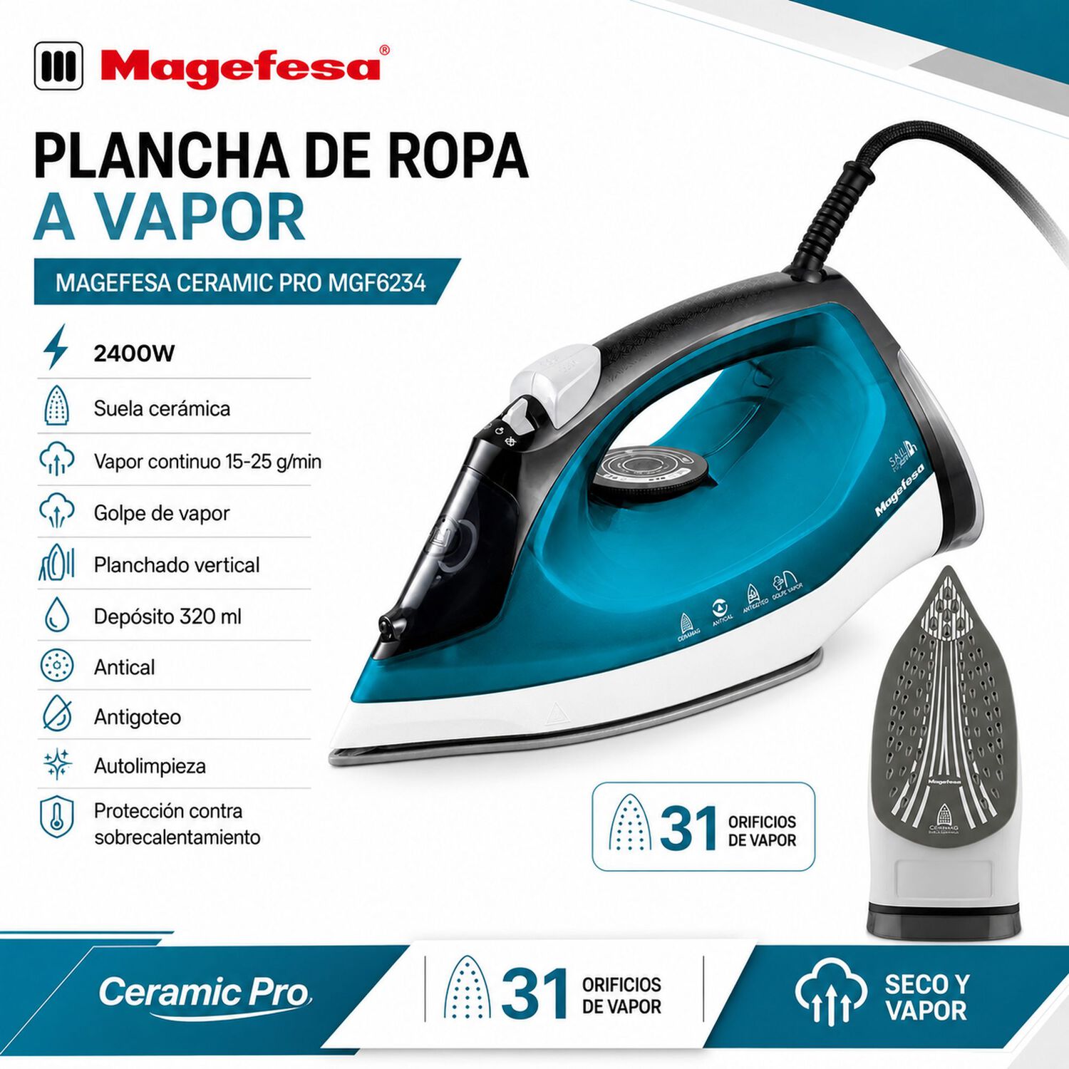 Plancha De Ropa Con Vaporizador Continuo Ceramic Pro Mgf6234 image number 5.0