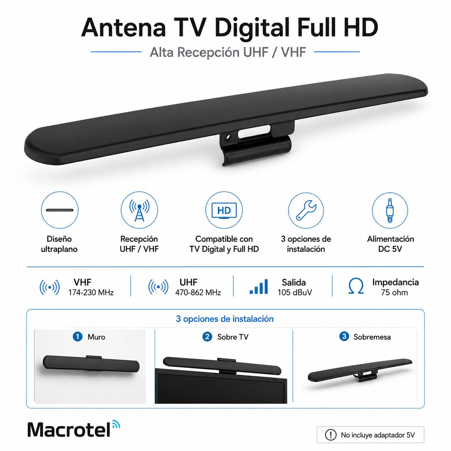 Antena Tv Digital Flat Full Hd De Alta Recepci&oacute;n Uhf /vhf image number 4.0