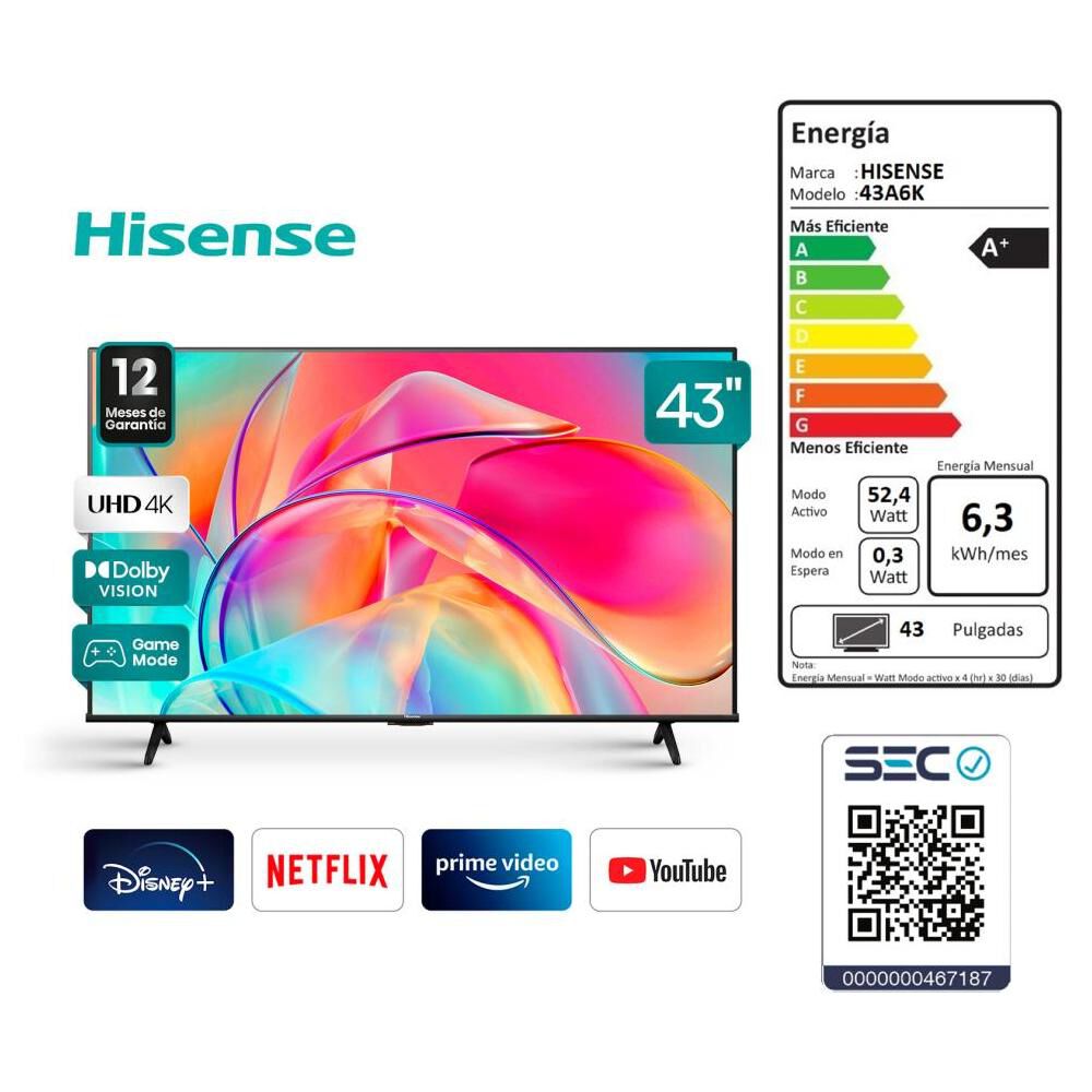 Led 43" Hisense A6K / Ultra HD 4K / Smart TV image number 1.0