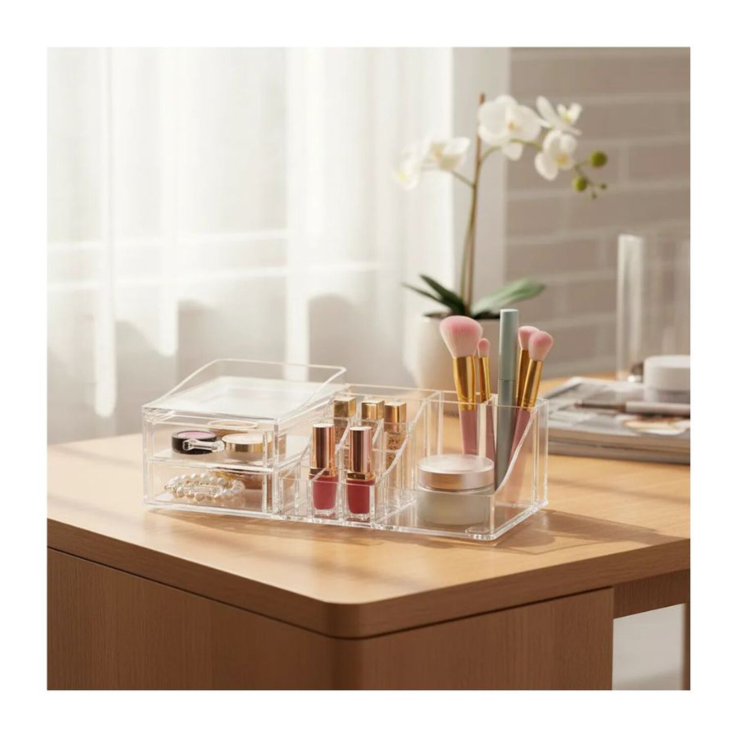Organizador De Maquillaje Acr&iacute;lico Transparente Con Caj&oacute;n Y Compartimentos image number 1.0