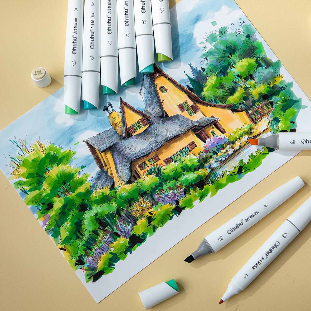 Ohuhu 60 Marcadores Alcohol Fina & Biselada Fina Paisajes image number 8.0