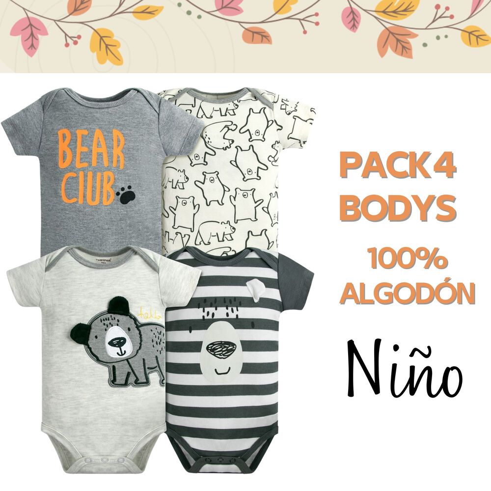 Pack 4 Bodys Ni&ntilde;o Manga Corta Tedmimak 100% Algod&oacute;n Bear Club image number 4.0