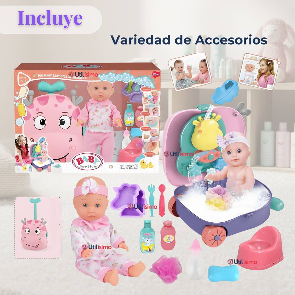 Mu&ntilde;eca Bebe Juguete Con Set Para Ba&ntilde;o Con Accesorios image number 5.0