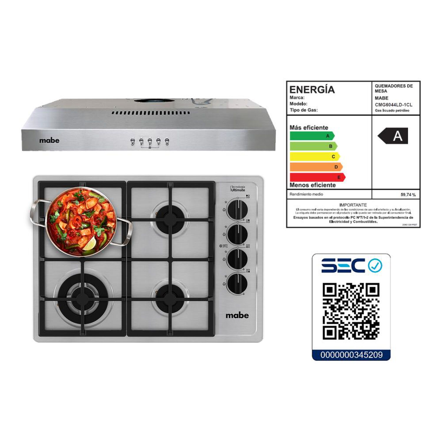 Kit Cocina Mabe Encimera CMG6044LD-1CL + Campana CM6045XV0 / 4 Quemadores image number 10.0