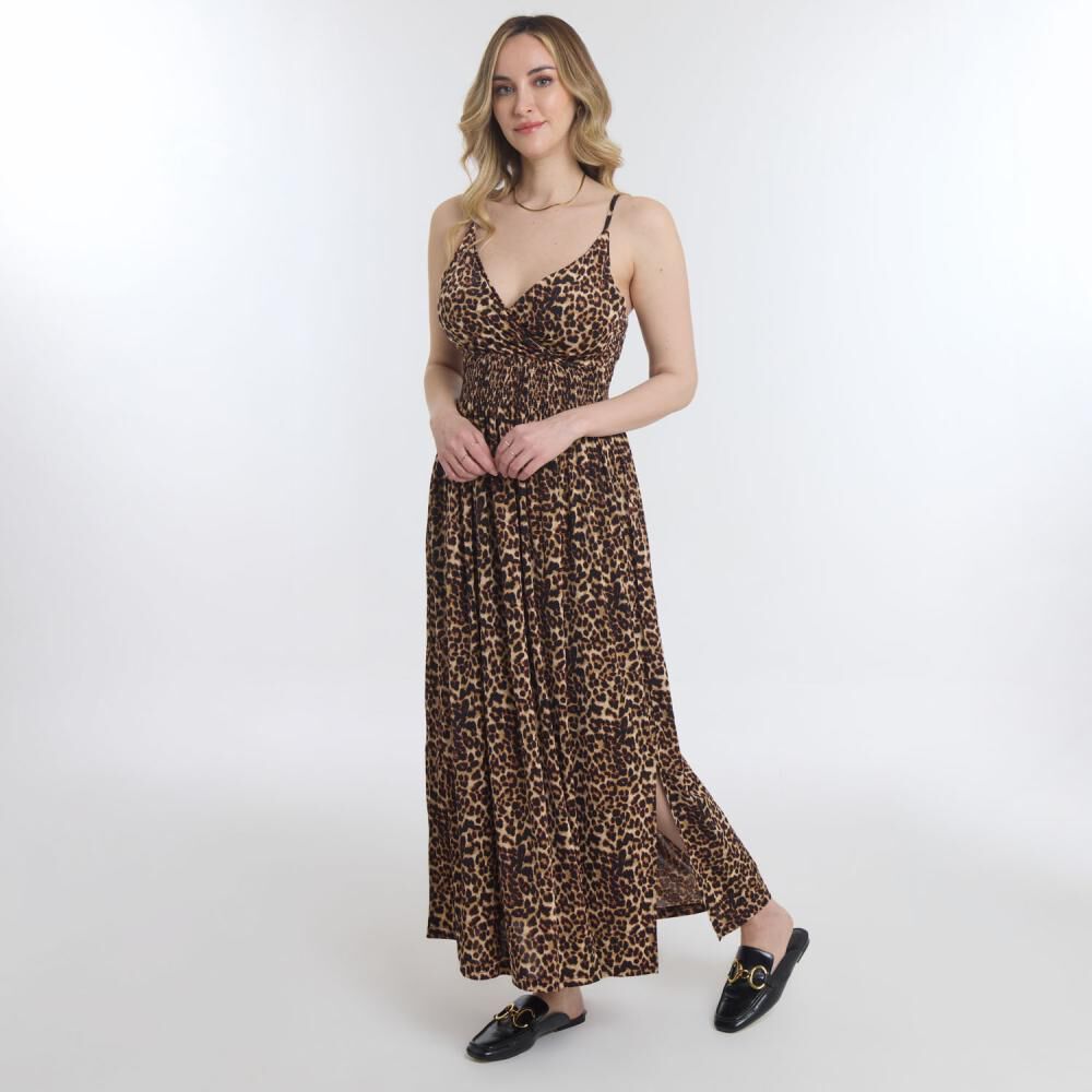 Vestido Largo Pabilo Escote Cruzado Y Panal El&aacute;sticado En Espalda Mujer Geeps image number 2.0