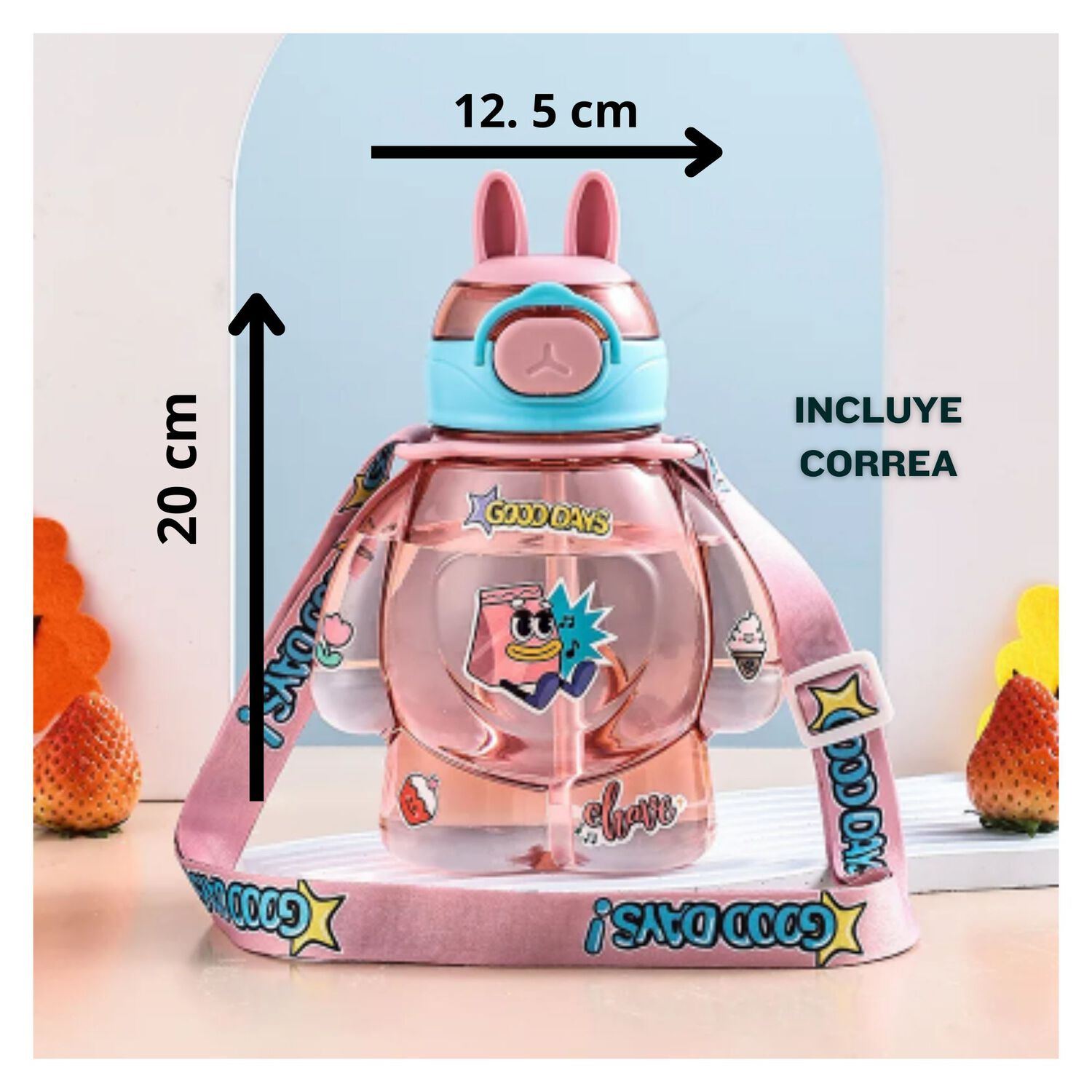 Botella Pl&aacute;stica 650ml Con Correa Y Orejitas Estilo Kawai Sin Bpa Ni&ntilde;os Pink image number 2.0