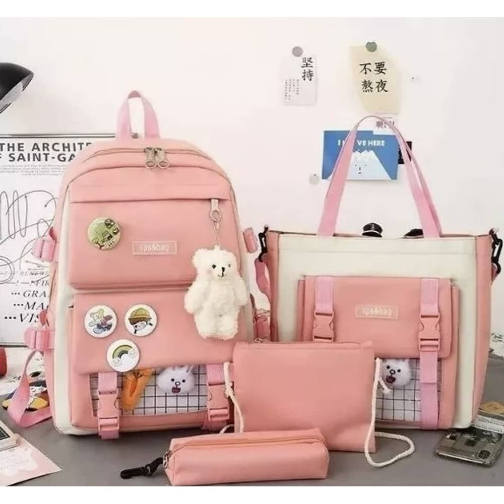 Mochila Escolar Viaje Estilo Coreano 5 Piezas Kit Rosa image number 2.0