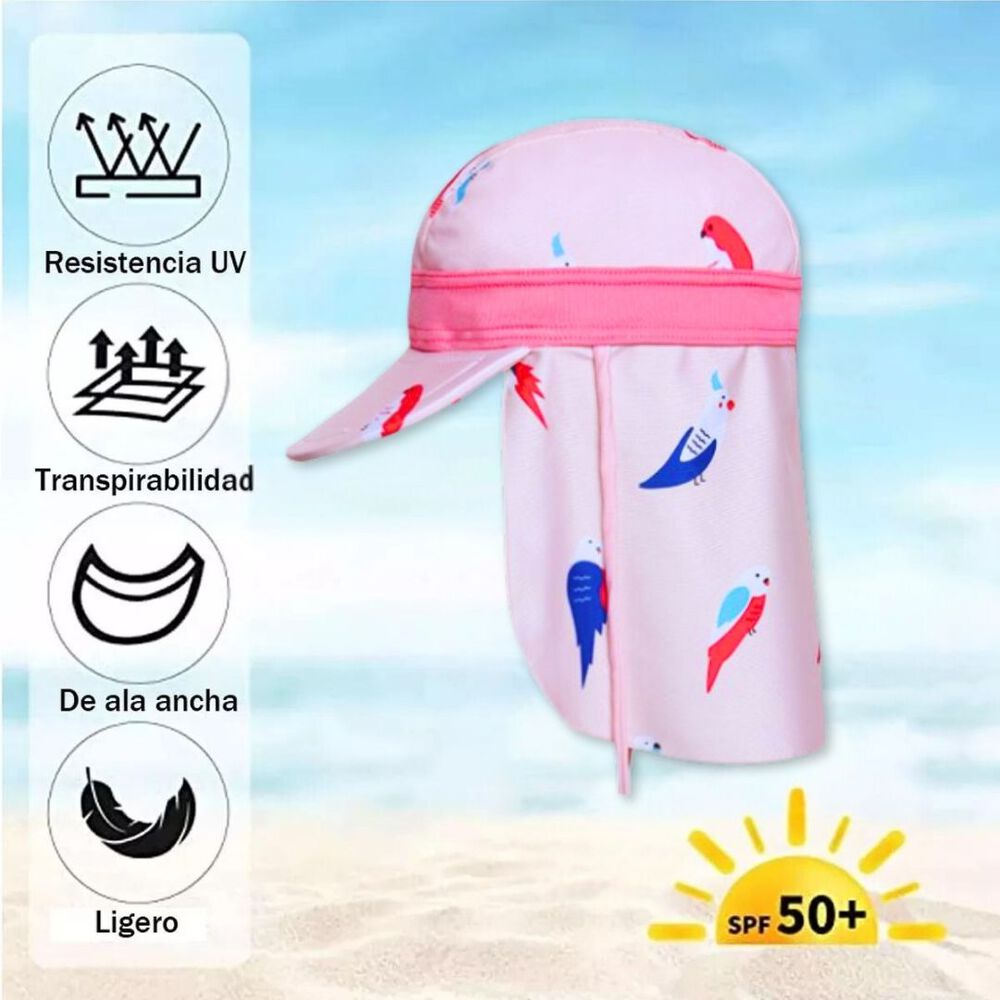 Gorro Largo Con Protección Uv +50 Rosa Aves Niña image number 1.0