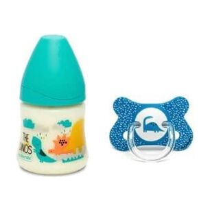 Pack Mamadera Silicona Dino Celeste 150ml + Chupete +4-18m Azul