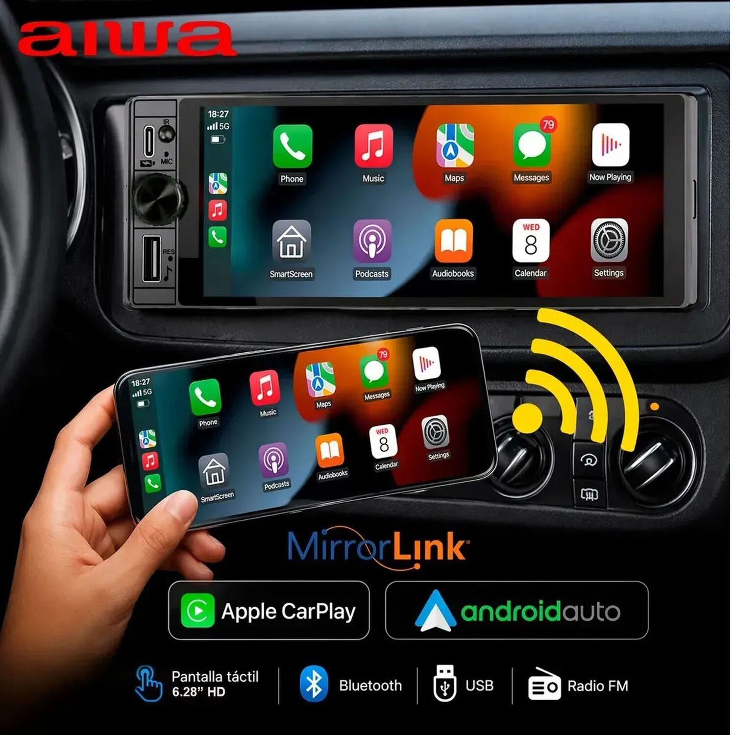 Radio Auto Aiwa 1 Din Con Pantalla Tactil De 6,28'' Aw-w470c Negro image number 4.0