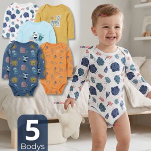 Pack 5 Bodys Manga Larga 100% Algod&oacute;n Beb&eacute; Ni&ntilde;o Friendly Safari