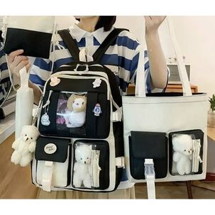 Mochila Escolar Viaje Estilo Coreano 5 Piezas Kit. Negro