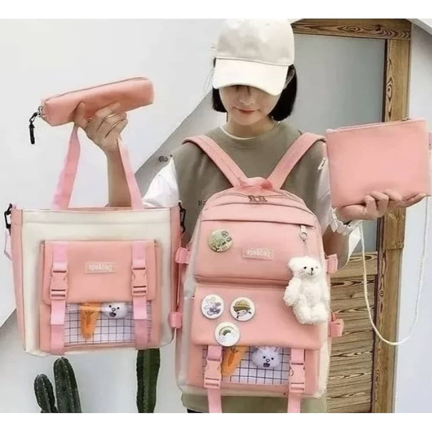 Mochila Escolar Viaje Estilo Coreano 5 Piezas Kit Rosa image number 3.0